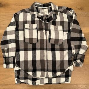 Free People We the Free Black and White Izzy Plaid Cargo Snap Shirt Size XS